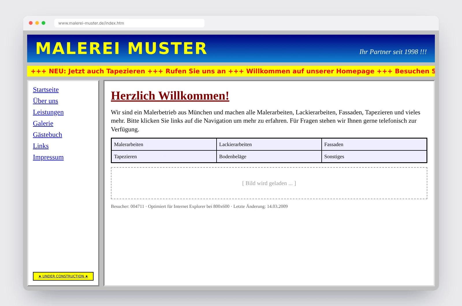 Beispiel einer veralteten Website mit grellen Farben und Lauftext